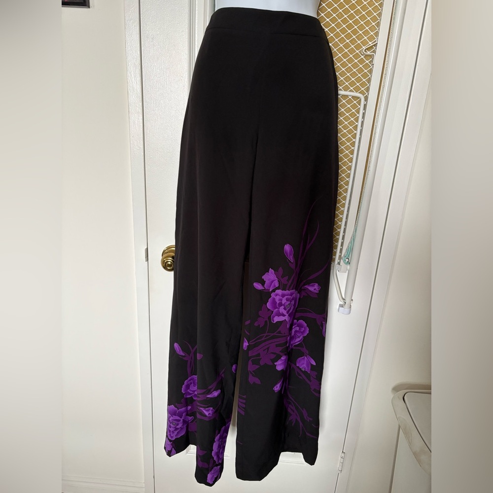 le chateau Black Wide Leg Pants with Purple Floral Print
